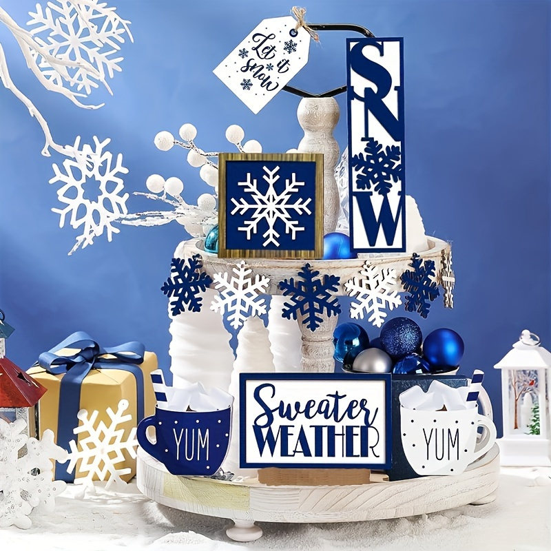 

Snowy , Rustic Farmhouse Winter Wonderland Tiered Tray Decor Set - Snowflake & Santa Wooden Signs For & Kitchen Display, Tiered Tray, Rustic Farmhouse, Snowflakes, Santa, Holiday Display