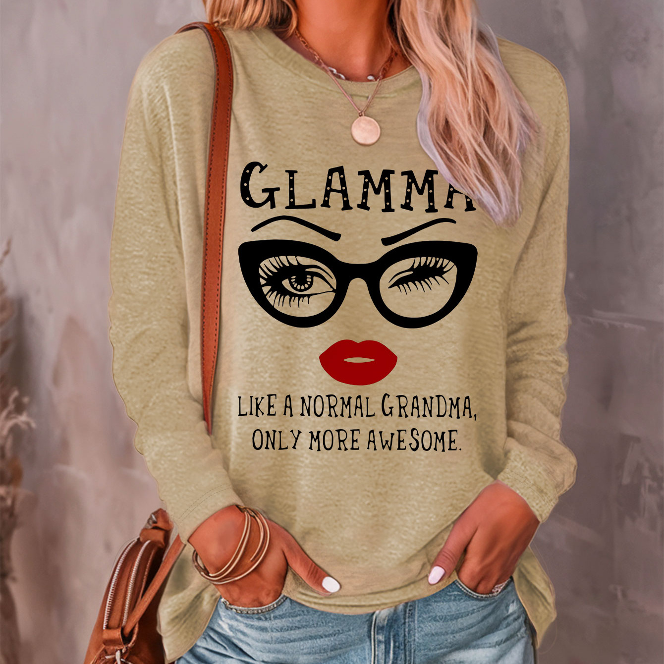 

Women's Crew Neck Long Sleeve Knit T-shirt Cartoon Print - Casual Polyester Blend Top With Regular Length For Fall/winter