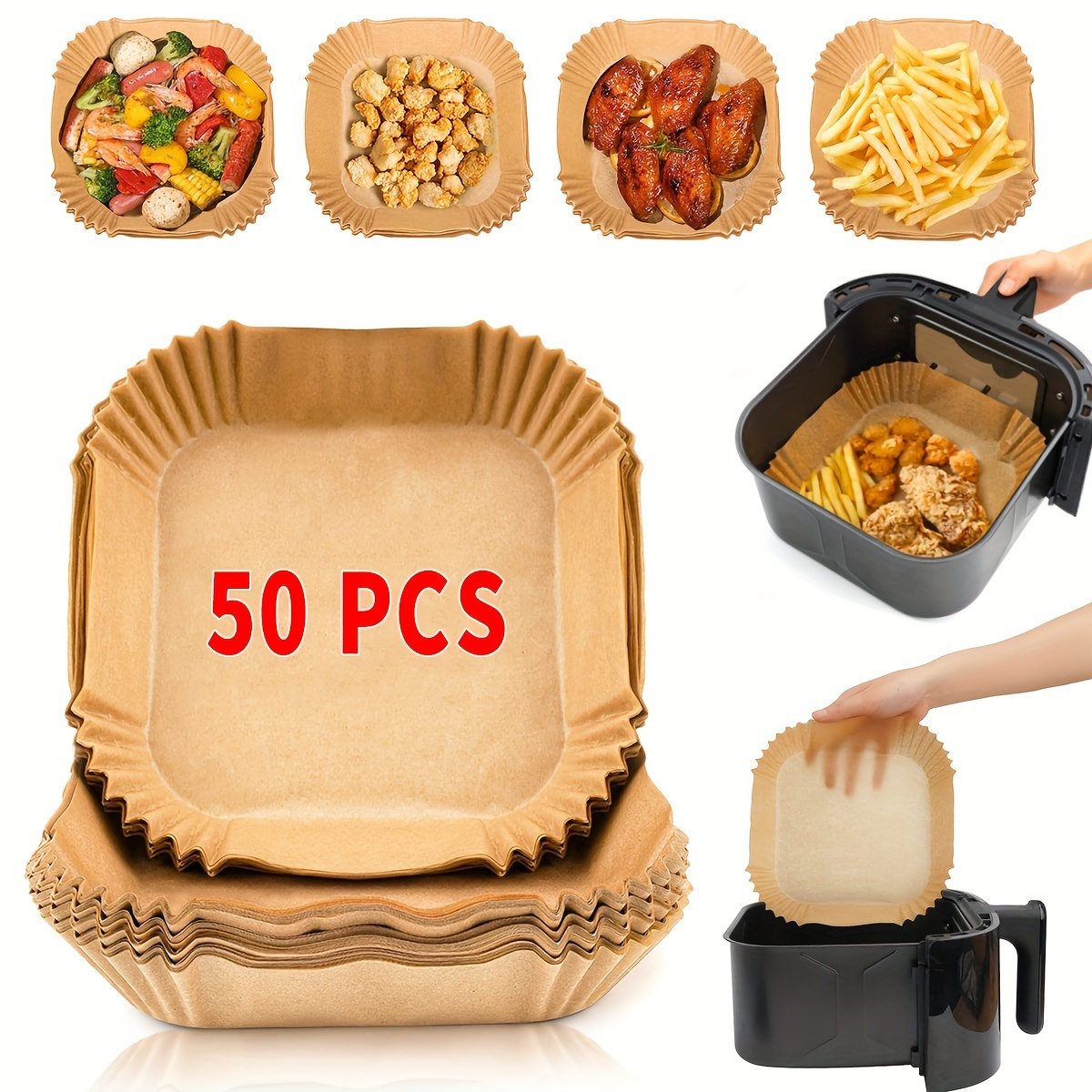 50pcs - Premium Air Fryer Paper Liners - Square, Suitable For 2-8 Quart Air Fryers, Perfect For Frying, Baking, Cooking, Grilling, Microwaving, Easy To Clean, No Tray Needed, A Kitchen Essential
