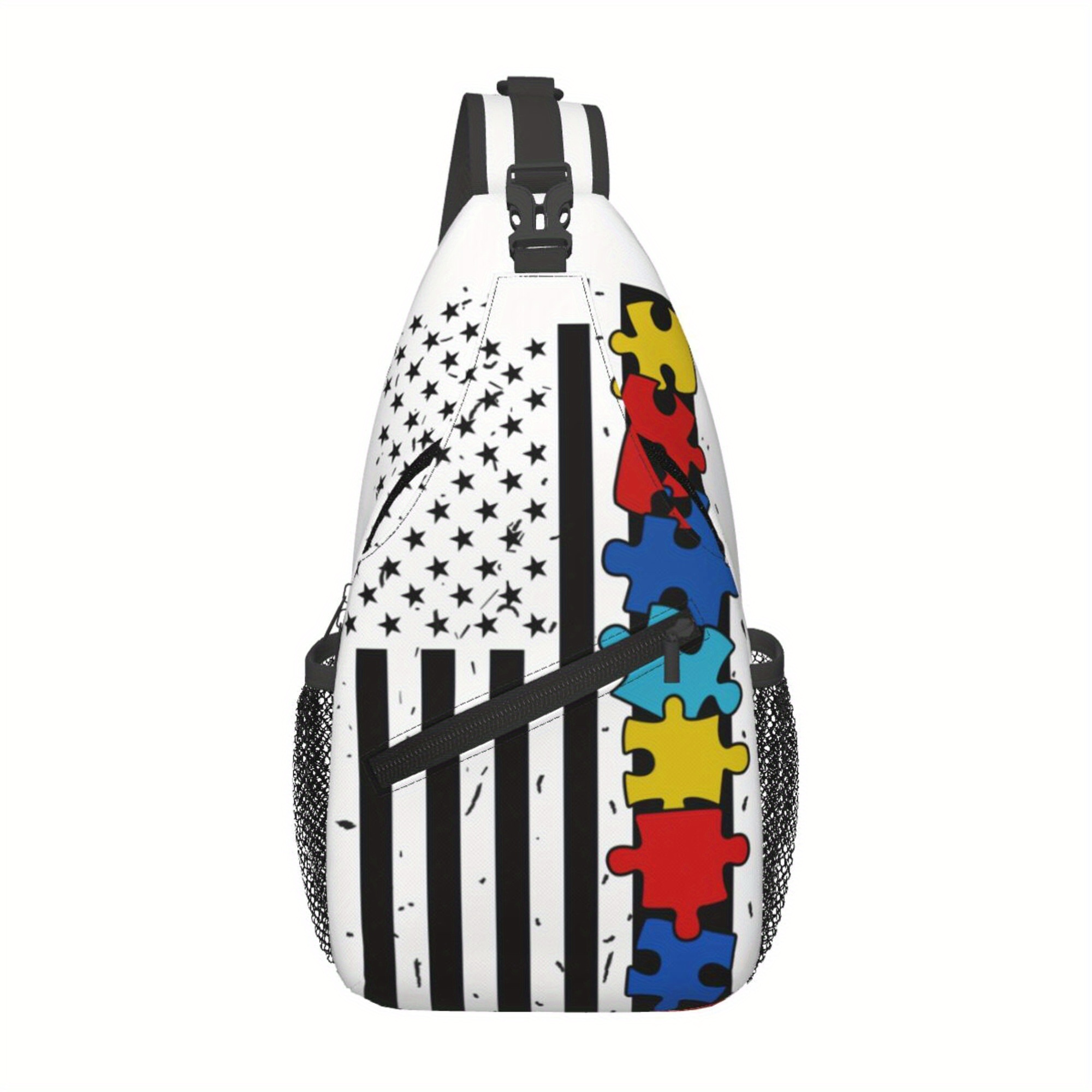 

American Flag And Autism Print Chest Bag, Crossbody Bag, Fashionable And Durable Casual Versatile Chest Bag, With Safety Zipper, Suitable For Leisure Vacation, Outdoor Sports And Daily Travel