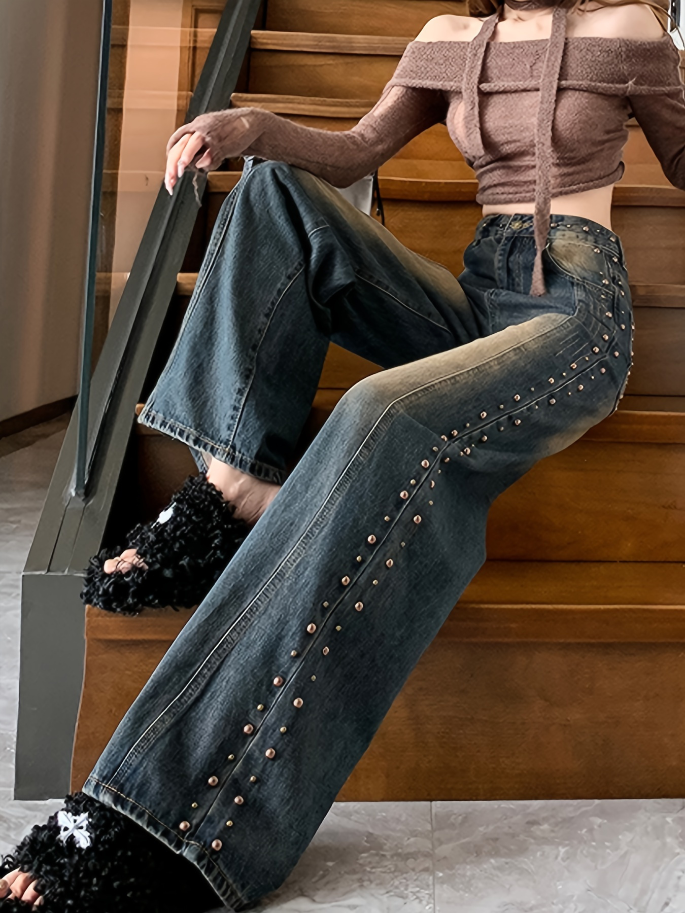Jean Femme Taille Haute Coupe Droite Boyfriend - Denim élastique, Jambes Larges, Confortable - Automne/Hiver - 9