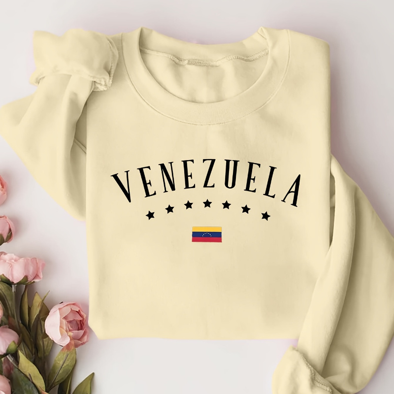 

Casual Crew Neck Sweatshirt With Venezuela Print - 100% Polyester Knit Fabric - Alphabet Pattern - Women's Fall/ Pullover Top