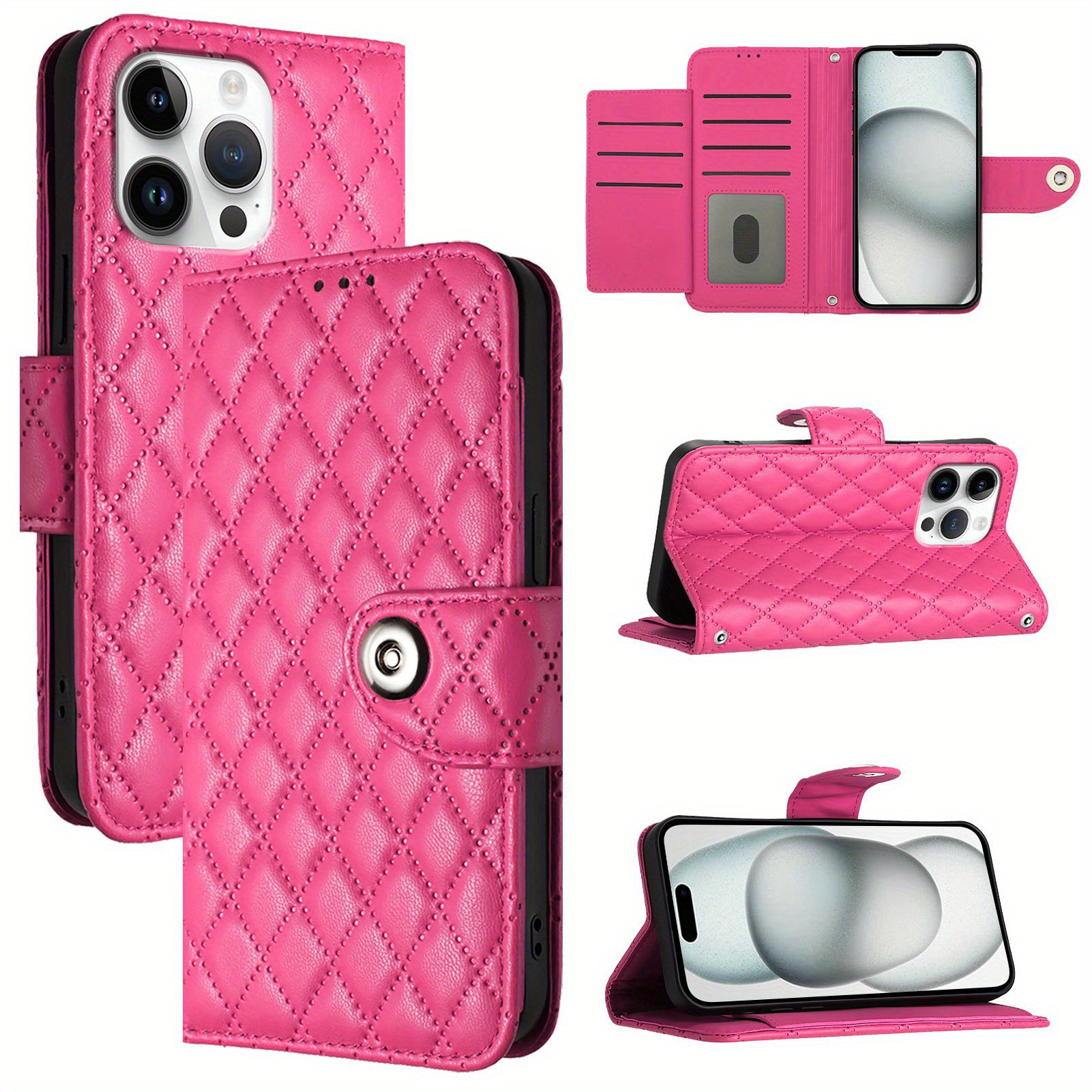 TEMU Fashionable Magenta -style Card Holder Wristlet Wallet Phone Case Compatible With Iphone X/11/12/13/14/15//16 Pro Max