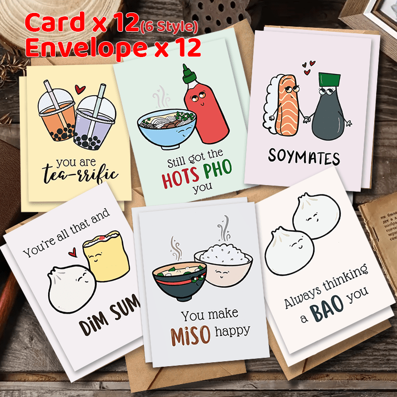 TEMU 24pcs Fun Greeting Card Set (includes 12 Cards + 12 Envelopes), 6 Designs, 4x6 Inches, Suitable For Weddings, Valentine's Day, Thanksgiving, And