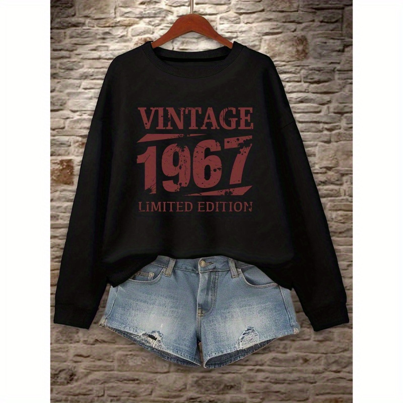 

1967 Number Print Sweatshirt, Crew Neck Casual Sweatshirt For Fall & Spring, Women's Clothing