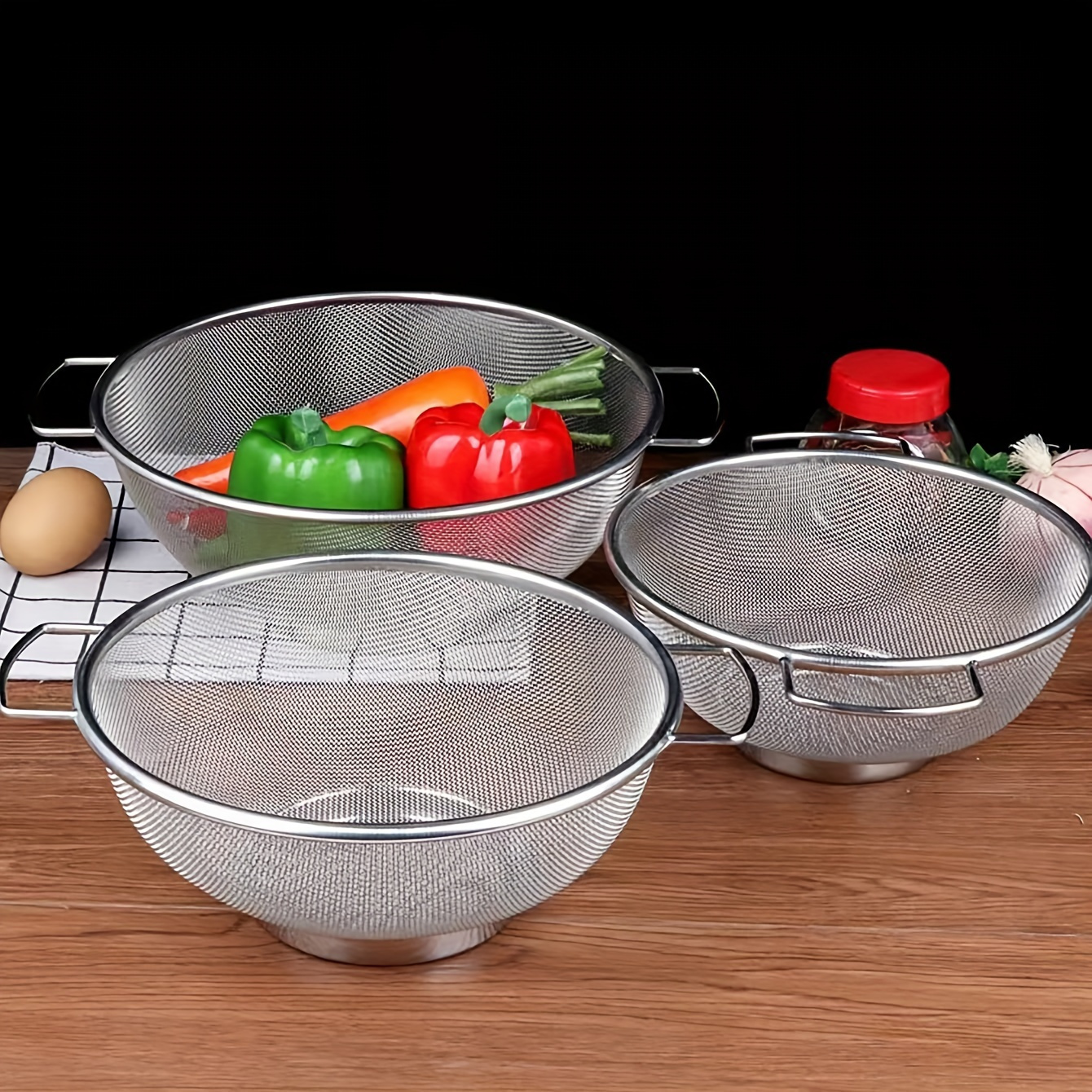 

3pcs Stainless Steel Drain Basket Set - Metal With Handles For Pasta, Vegetable, Rice & Fruit Straining - Mesh Kitchen Essentials