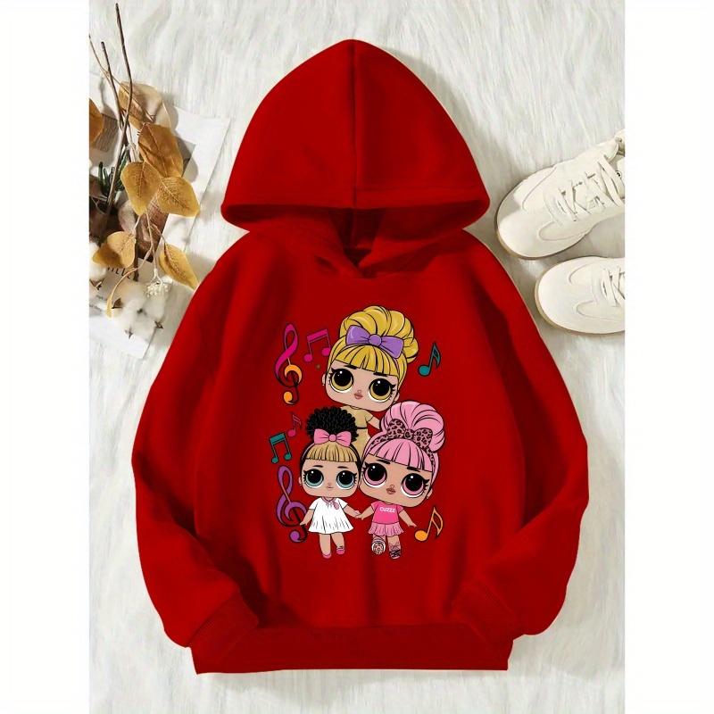 

Cozy Girls' Hoodie With Cute Cartoon Print - Long Sleeve, Casual Pullover For Fall/winter - Soft Polyester Blend