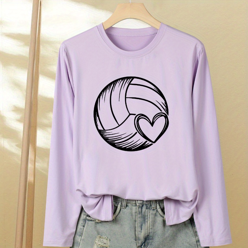 

Women's Long Sleeve Sports T-shirt With Volleyball Heart Design, Casual Crew Neck, Knit Polyester Spandex Blend, All-season Comfort Fit