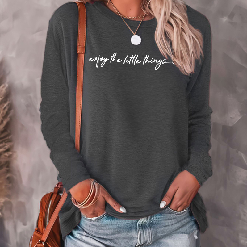 

Women's Casual Long Sleeve T-shirt With "enjoy The " Print, Polyester Knit Fabric, Round Neck, Regular Fit For Fall/winter