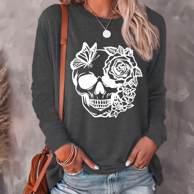 

Women's Casual Long Sleeve T-shirt With Skull And Butterfly Print, Polyester Knit Fabric, Round Neck, Cartoon Pattern, Regular Fit For Fall/winter