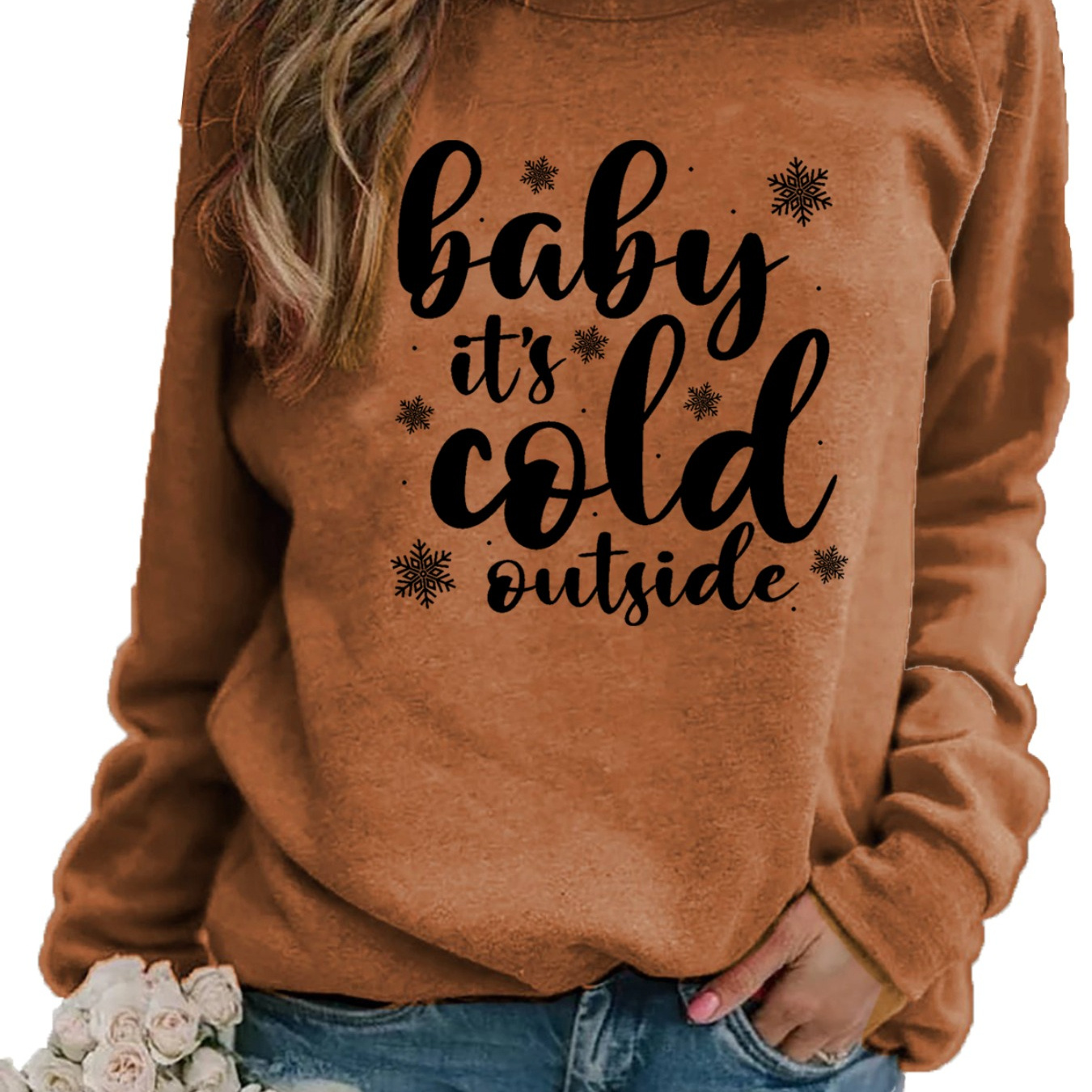 

Women's Christmas Sweatshirt - Casual Knit Cotton Blend Crew Neck Long Sleeve Pullover With Festive Applique, Regular Fit Raglan Sleeve Top For Daily Wear - Spring/summer/fall