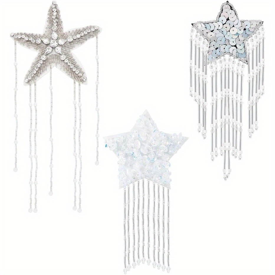 3-Pack Polyester Star Tassel Appliqués with Beaded Embellishments, DIY Sew-On Star Patches for Clothing, Dress, Hat, Bag, Jacket, Shoes, Garment Decoration