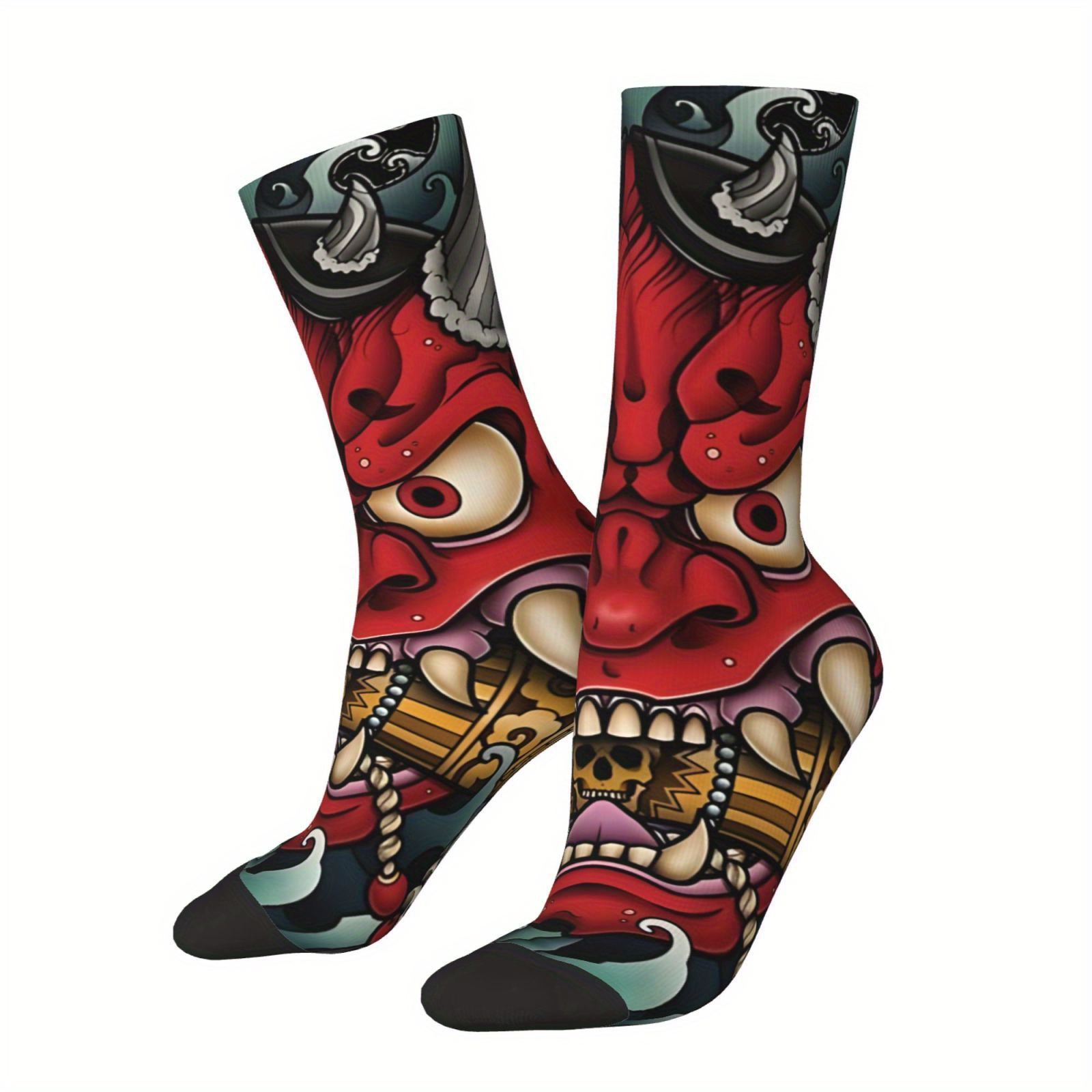 

1 Pair Men's Oni Mask Socks - Vibrant Japanese Hip Hop Style, Novelty Casual Crew Socks With Skull & , Polyester , Perfect Gift For Fun- , Cute Socks