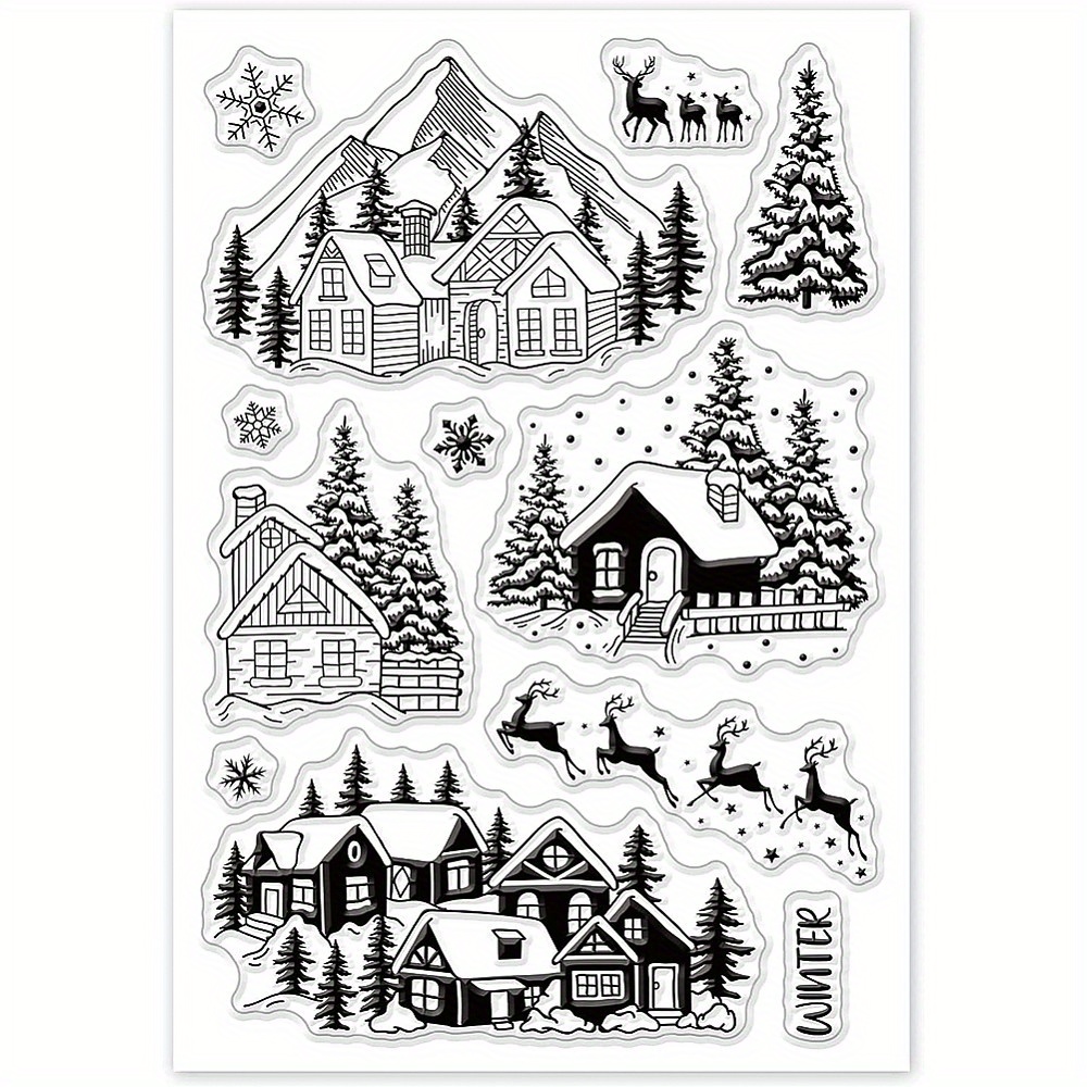 1sheet 16x11cm Winter Snow Christmas Clear Stamps Elk Snowflake Tree Transparent Silicone Stamps For Card Making Christmas Decoration And Diy Scrapbooking Album