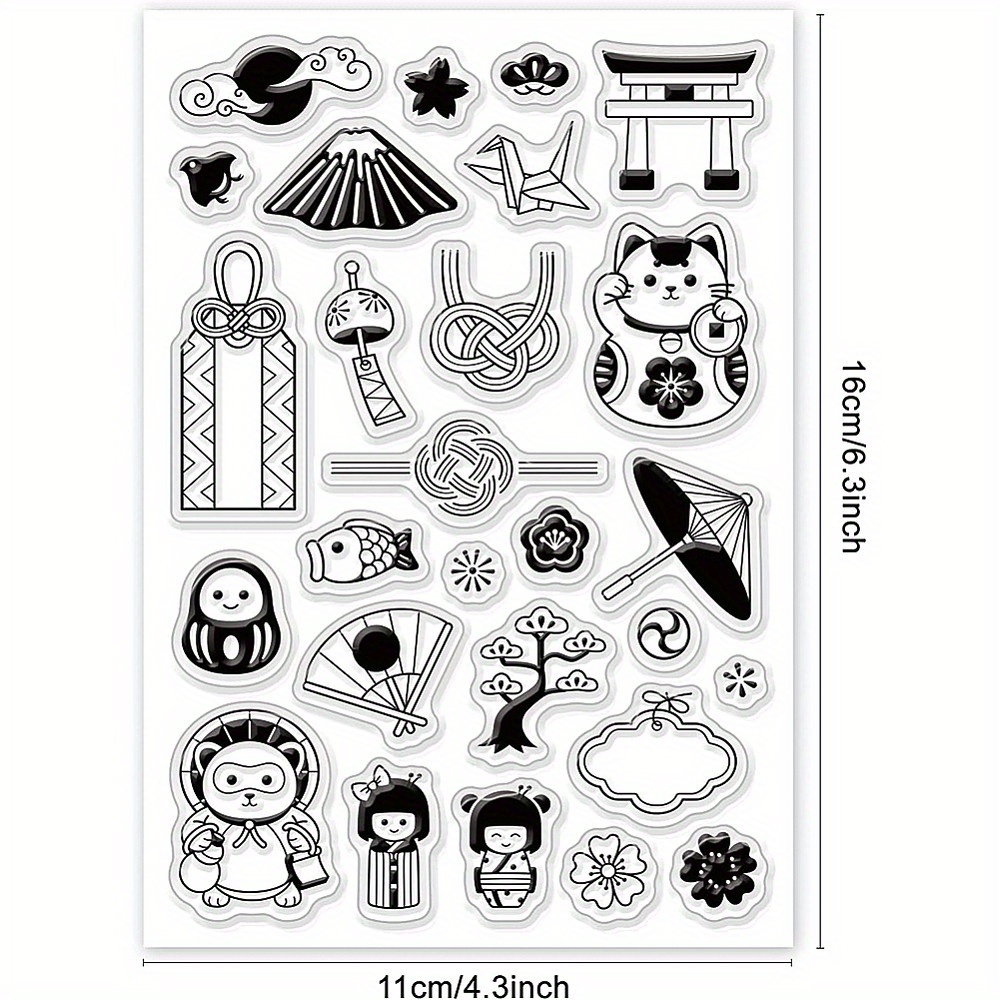 Image of Japanese Seasonal Decor Clear Stamps Set - Superfindings 1 Sheet, Plastic Hanging Ornaments For All Holidays - Spring, Summer, Fall, Winter - Cat, Folding Fan, Umbrella Designs For Crafting And Albums