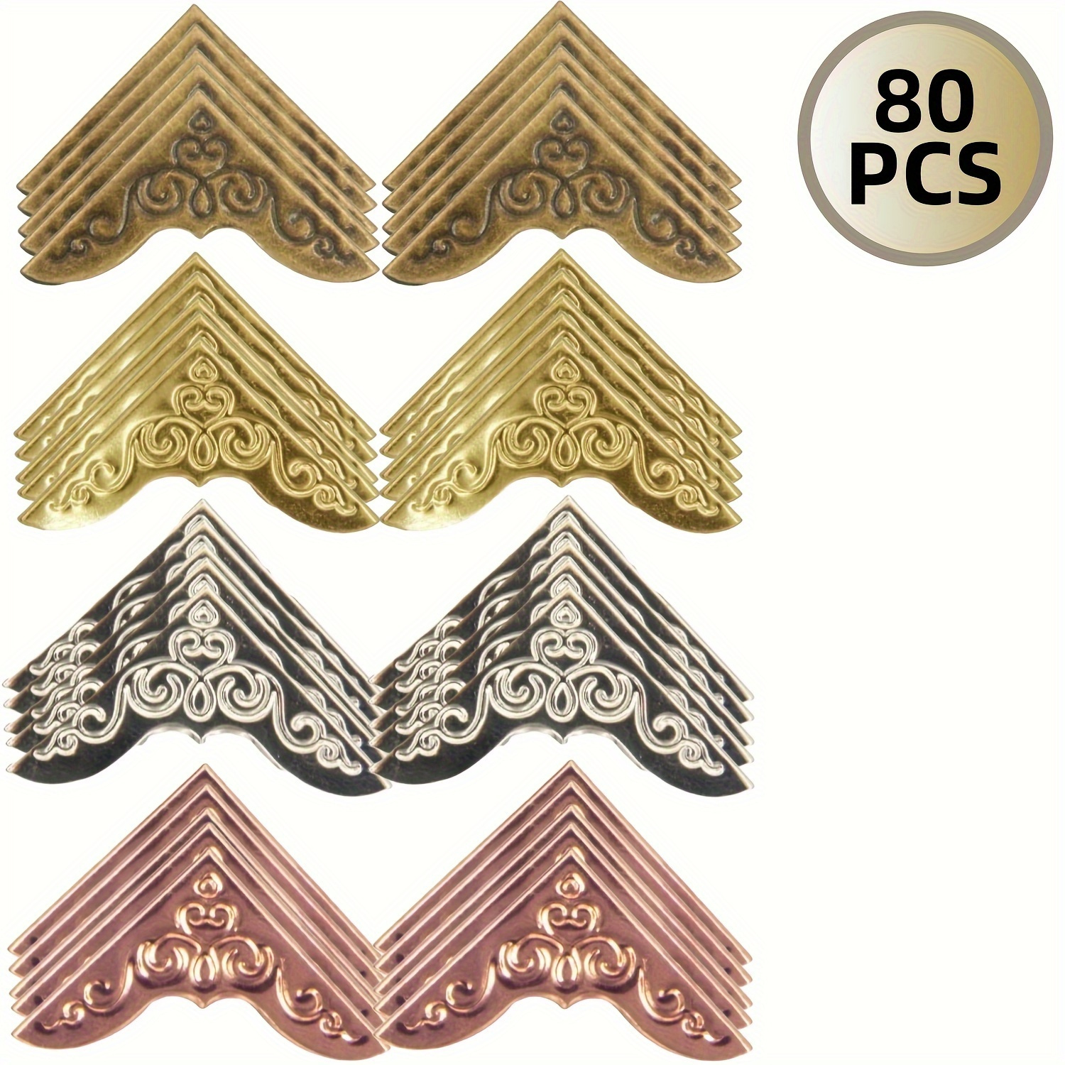 E-shop 80er-Set Elegante Metalleckenschützer - Dekorative Eisenbuch- & Fotoalbum-Ecken in Gold, Silber, Roségold und Bronze mit aufwendigen Mustern für