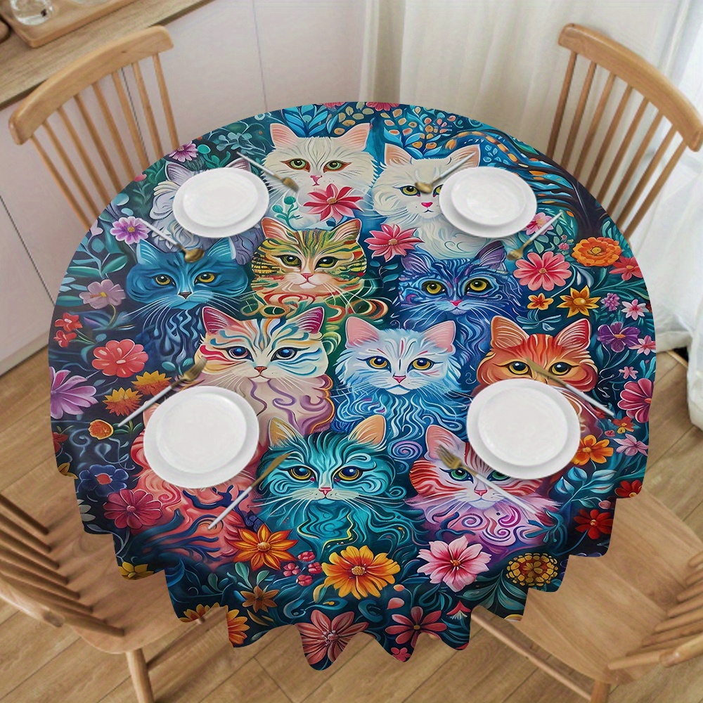 

1pc Vibrant Cat & Floral Print Round Tablecloth - 100% Polyester, Dining & Coffee Table Cover With Feline Design For Home, Hotel, And Restaurant Decor