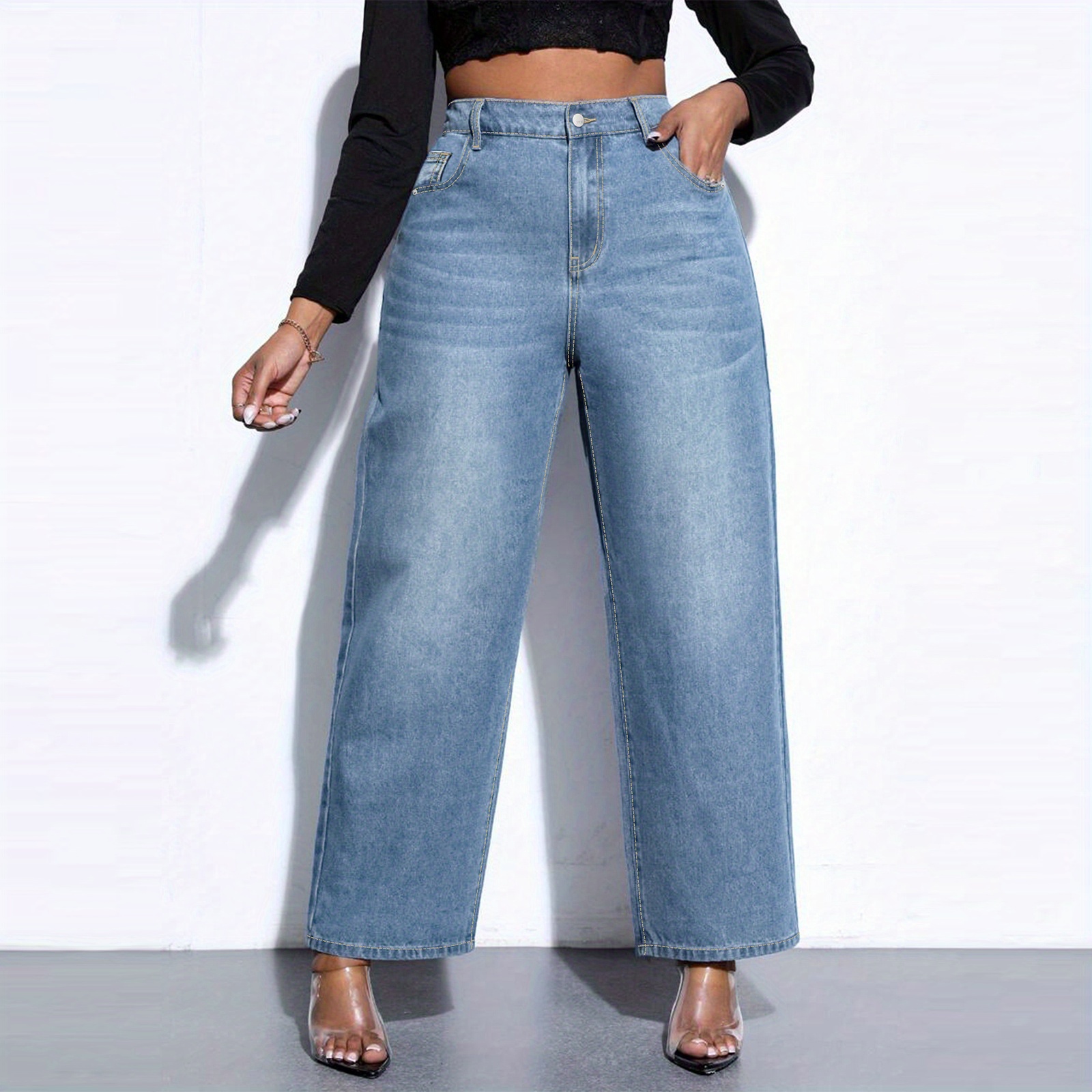 

Plus Size Wide Leg Light For Women Full Length Stretchy Denim Jeans Pants Full Length Straight Denim Jeans Pants