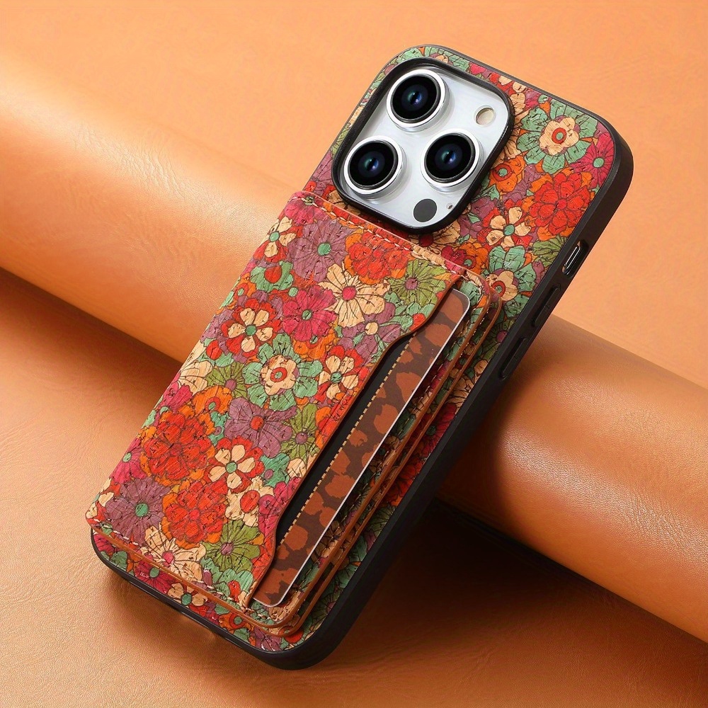 DENIOR Wooden Phonecase for iPhone 15/ 14/ 13/ 12 Series Case, with Glue Kickstand And Card Holder 3 Card Slots Can Insert 3-5 Cards Shockproof Protection, Turquoise And Red Flowers, Cork Wooden - Image 9