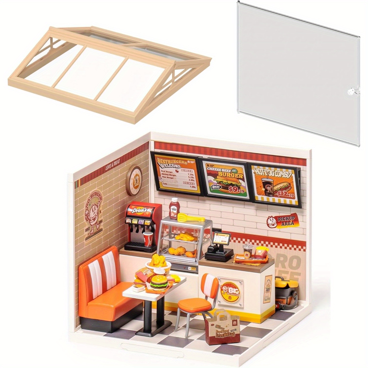 

1 Set (miniature Dollhouse & 1 Roof & 2 Doors) Diy Miniature Dollhouse Kit With Accessories, Yum Burgers, Dw010 & Dwp02 & Dwp05