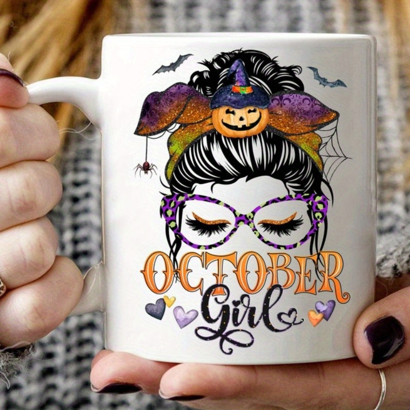 

1pc Unique October Girl Mug - Ceramic Coffee Cup For Lovers With Spooky Design - Perfect Gift For Friends And Family