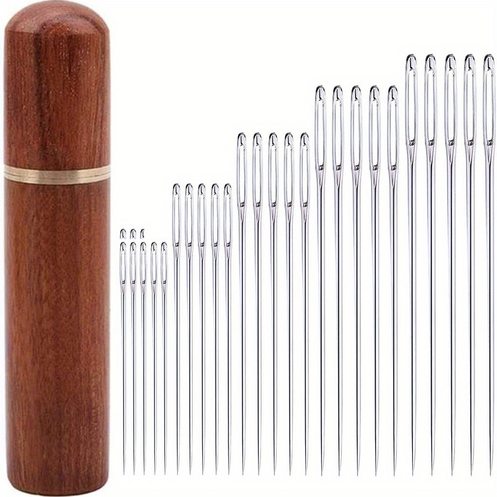 Image of 25 Big Eyes Hand Sewing Needle, Sewing Needle Big Eyes, Stitch Needle, Leather Needle With Wooden Needle Box, Hand Sewing Embroidery Needle Storage