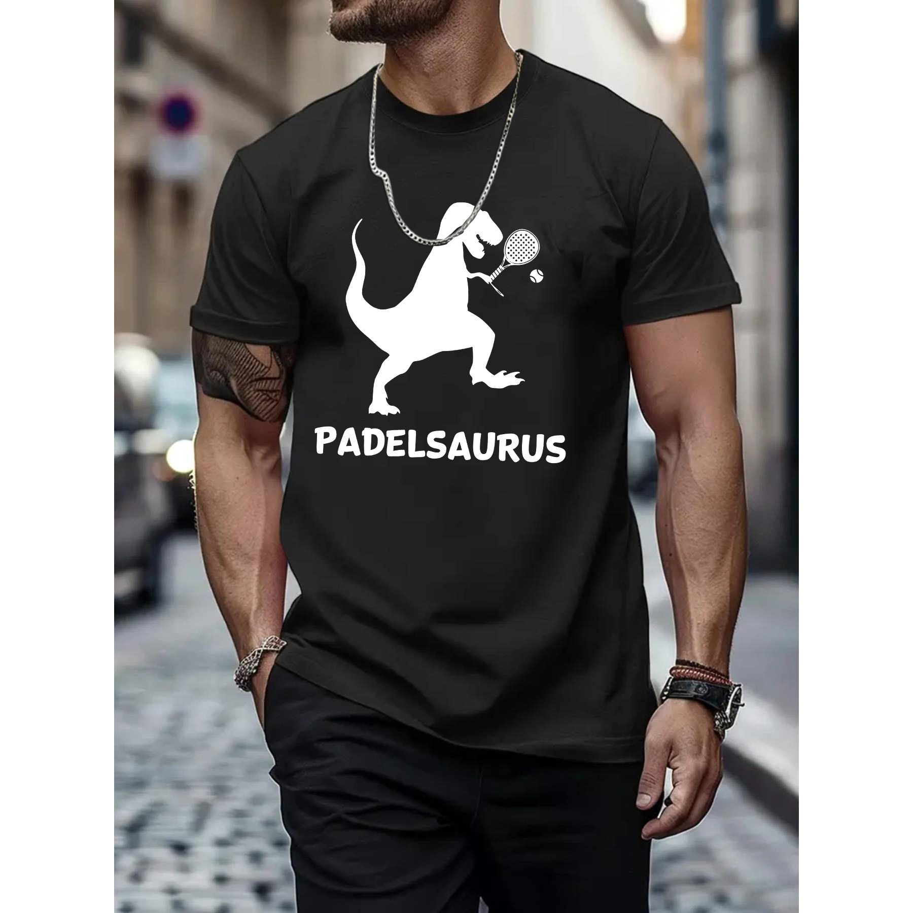 

Padel Men's Olive -shirt - Dinosaur Playing Tennis Design, Casual Crew Neck Short Sleeve, Lightweight & Breathable Polyester, Ideal For Summer