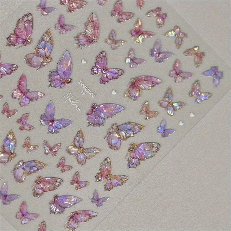 

Luxury 5d Kawaii Butterfly Nail Stickers - Glittery Aurora Shell Design, Diy Manicure Decals For Sparkling Nails