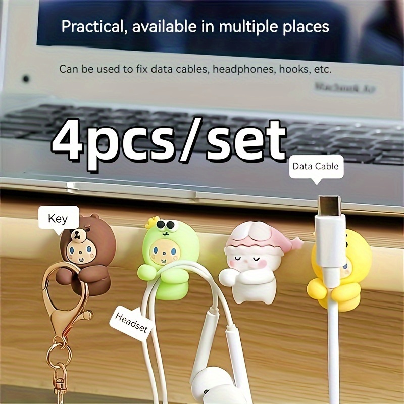 

4pcs Silicone Cable Organizer Set - Cute Animal Design Adhesive Cord Holder, Multipurpose Wire Management Clips For Desk And Drawer, No Electricity Needed