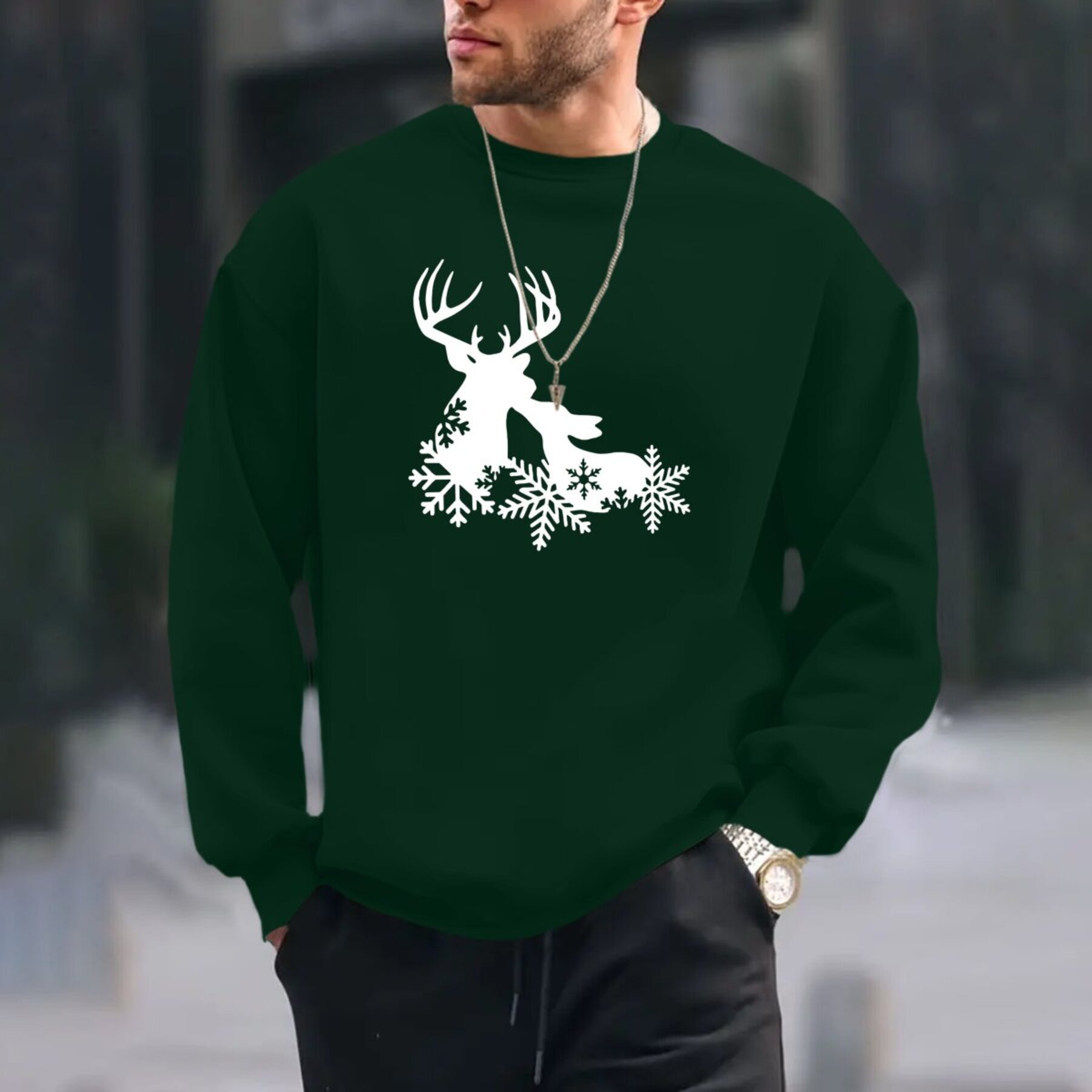 

Men's Christmas Reindeer Print Crew Neck Sweatshirt - Casual Long Sleeve Comfort Pullover, Polyester, Knit Fabric With Slight Stretch, Loose Fit - For Spring And Autumn