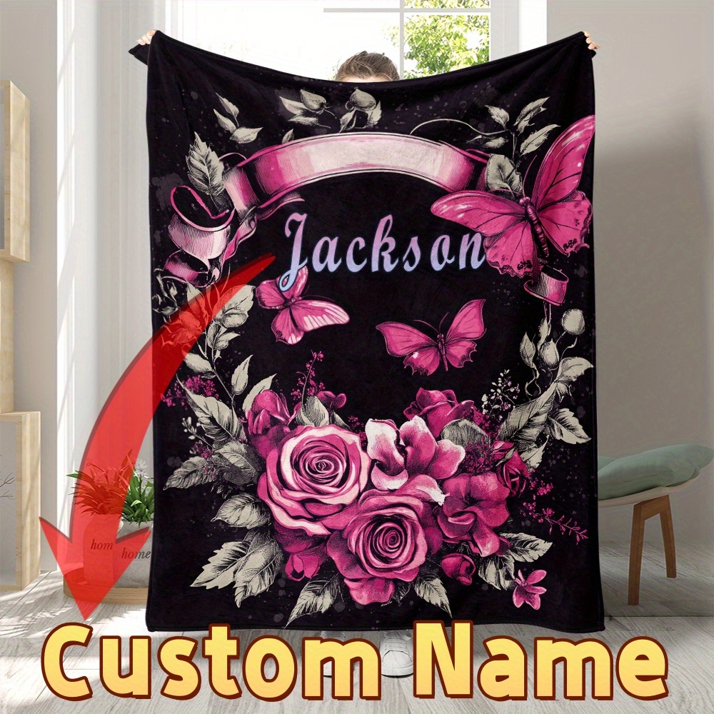 

1pc Custom Name Floral Fleece Throw Blanket, Soft Polyester, Machine Washable, Chunky Knit, , For Sofa, Bed, Travel, Camping, Living Room, Office - Personalized Warm Gift For Family & Friends