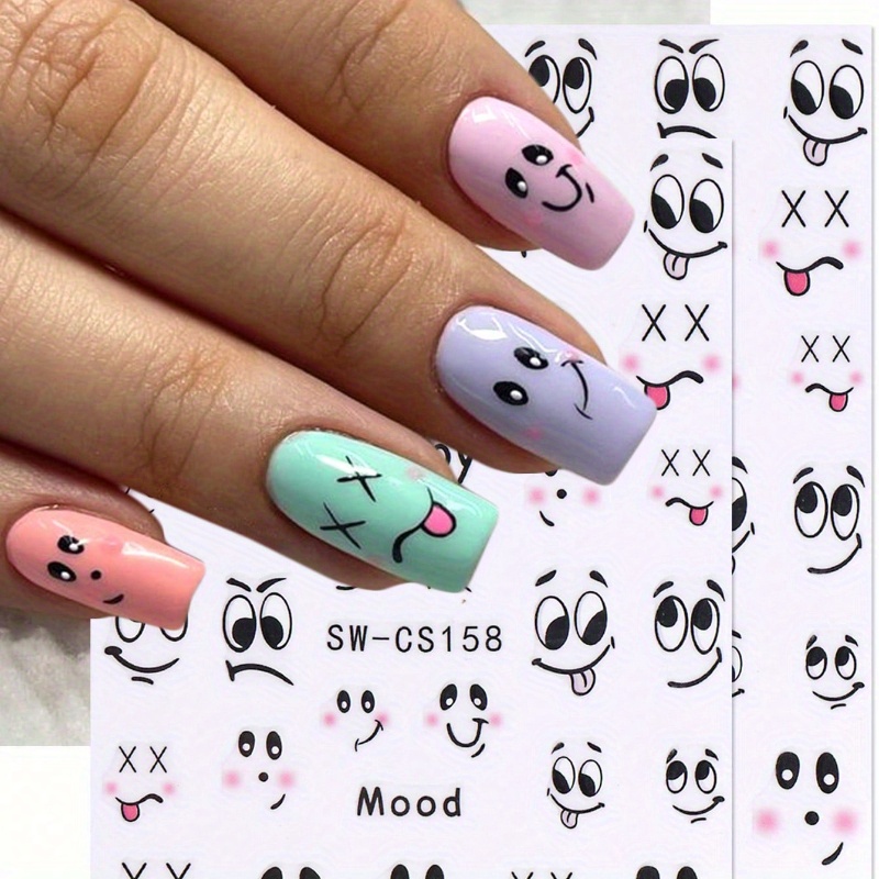 

2pcs Cartoon Nail Stickers Cute Abstract Face Design 3d Adhesive Sliders Manicure Decor Nail Art Supplies For Women And Girls