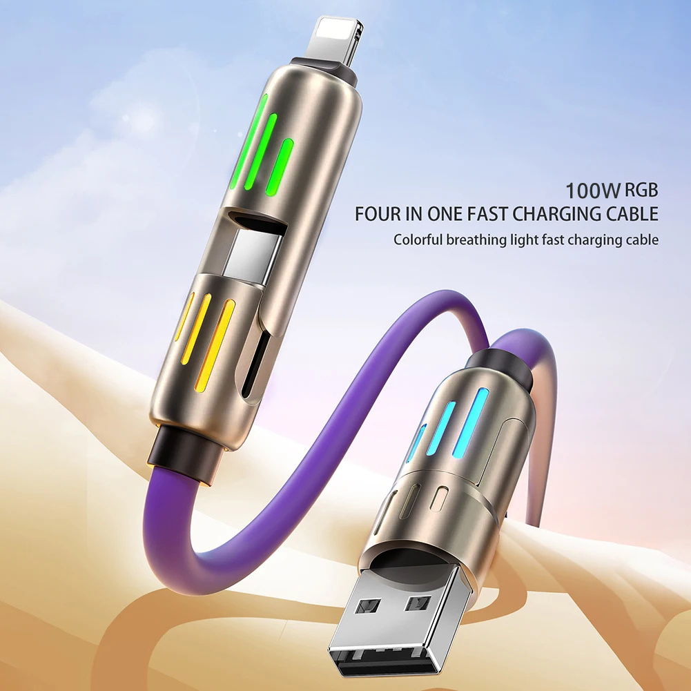 100w 4in 1 functional super fast charge usb type c liquid silicone aluminum alloy data cable for iphone for samsung xiaomi redmi oneplus and xiaomi oneplus usb c charging data sync cord wire details 4