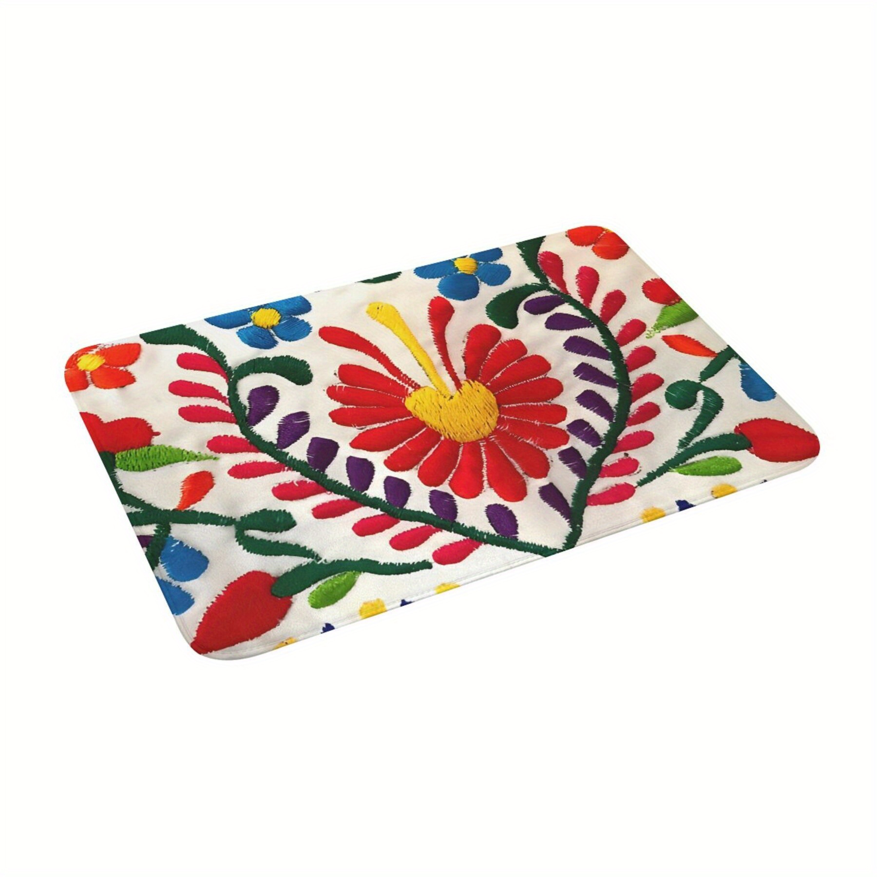 

Chic Mexican Floral Non-slip Doormat - Machine Washable, Lightweight Polyester Rug For Living Room & Kitchen Decor