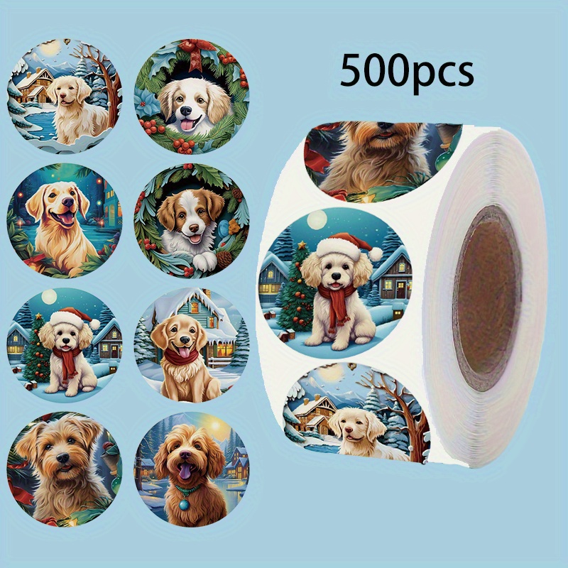 

500pcs Christmas Dog Roll, Pvc Labels, Round Sealing Adhesive For Office Supplies, Scrapbooking, , Cup Decals