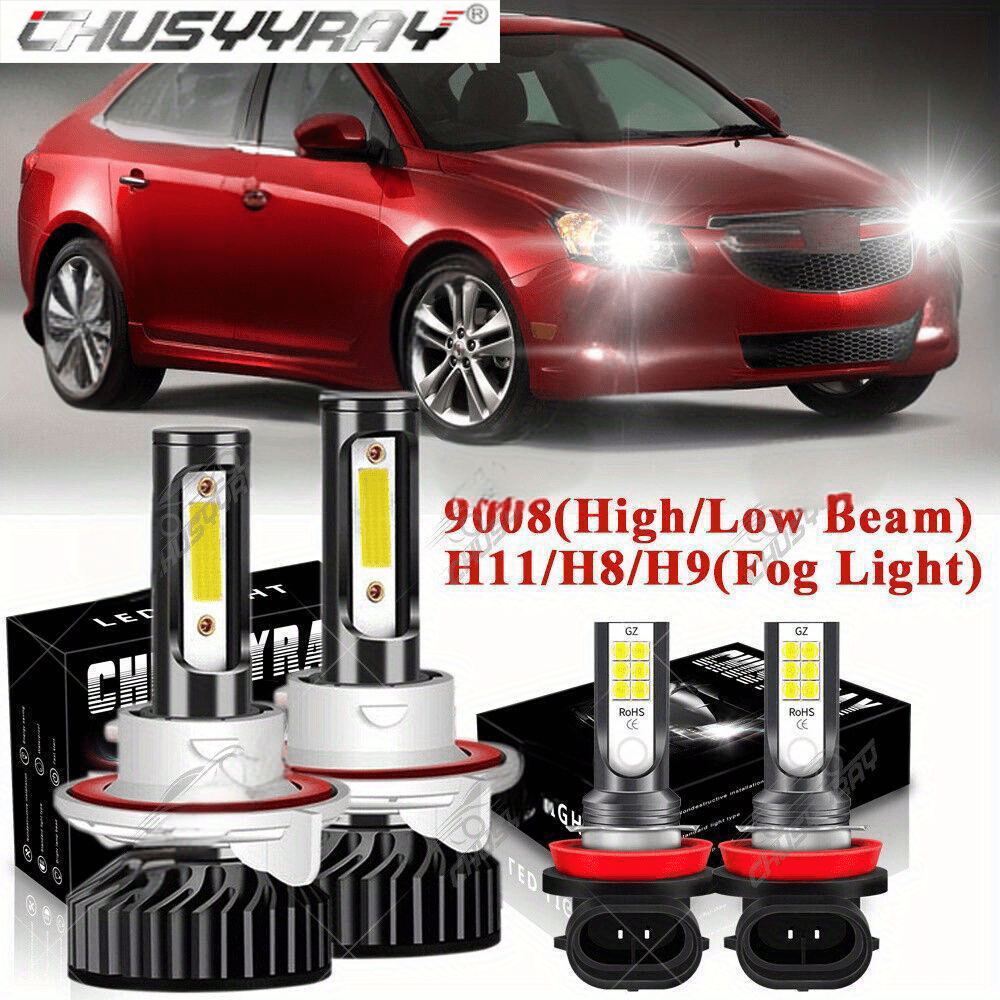 TEMU Led Headlight+fog Light Bulbs Combo 9008+h11 Fit For Cruze 2011-2015 Two-sided Cob Chip 120w 32000lm 6000k Cold White, Pack Of 4, Without Battery