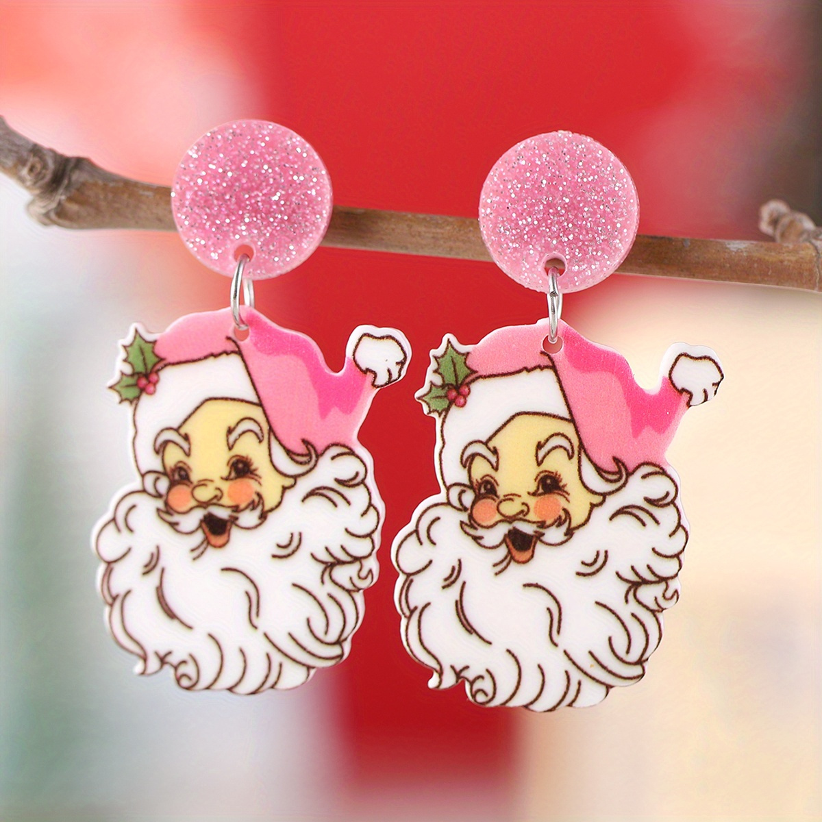 

2pcs, Christmas Party Gift For Ladies With Cute Pink Christmas Hat, Santa Claus Pendant Earrings, Vintage Acrylic Mosaic Ear , And Ear Jewelry