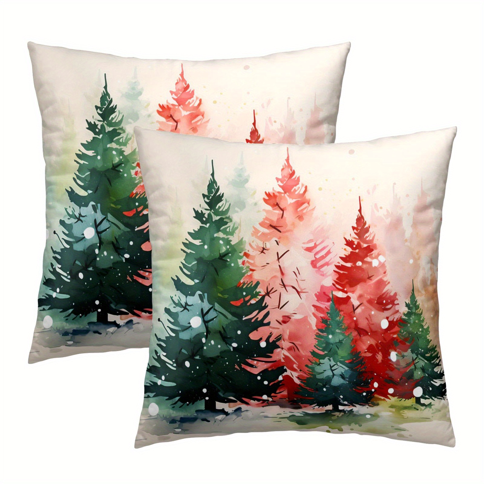 

Watercolor Christmas Tree Throw Cushion Covers, Set Of 2, Contemporary Style, Red And Green Pattern, Zippered Polyester Decorative Pillowcases For Various Room Types, Machine Washable, 18x18 Inches