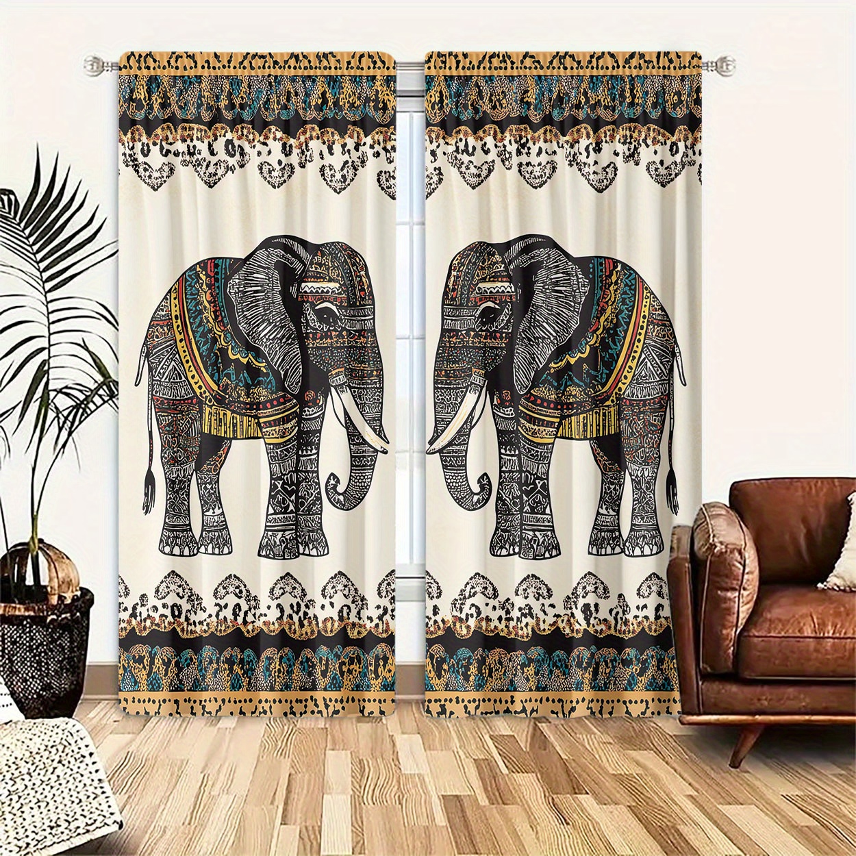 

2pcs, Polyester Material, Hd Ethnic Elephant Pattern Print, Light Filtering Curtain, Suitable For Bedroom, Living Room, Office And Home Decoration, Pole , Suitable For Pole