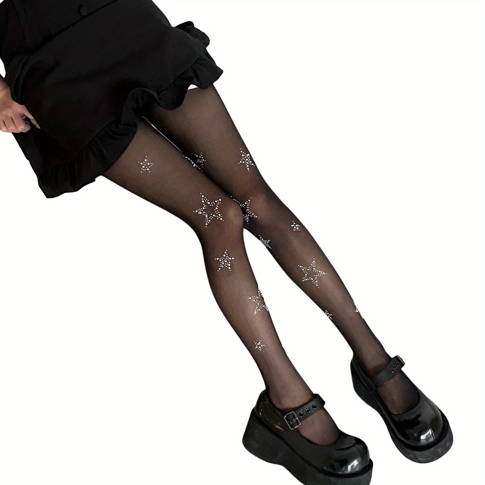 

Women Star Rhinestone Pantyhose Elastic High Waist Mesh See-through Thin Stockings Stretchy Tights Leggings