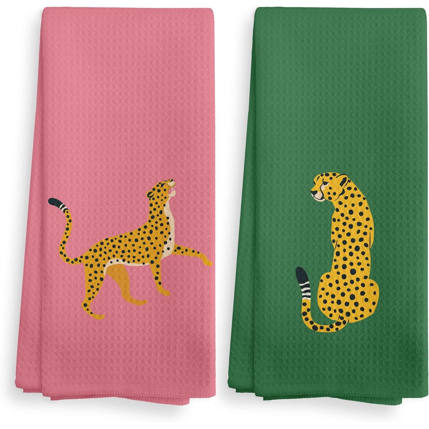 

2-piece Set Of Hot Pink And Green College Leopard Kitchen Towels And Dishcloths - Modern Artistic Kitchen Or Bathroom Decor - Soft, Machine Washable, And Made Of 100% Polyester