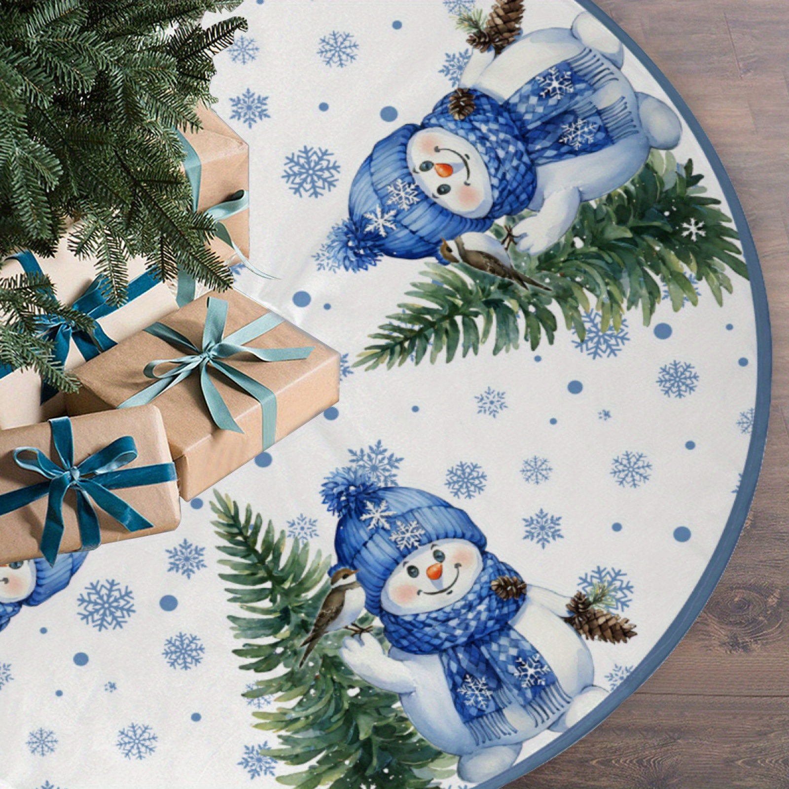 

Christmas Tree Skirt With Snowman And Pine Cone Design, 1pc Polyester Holiday Tree Decor, Farmhouse Winter Home Decoration For Christmas Party