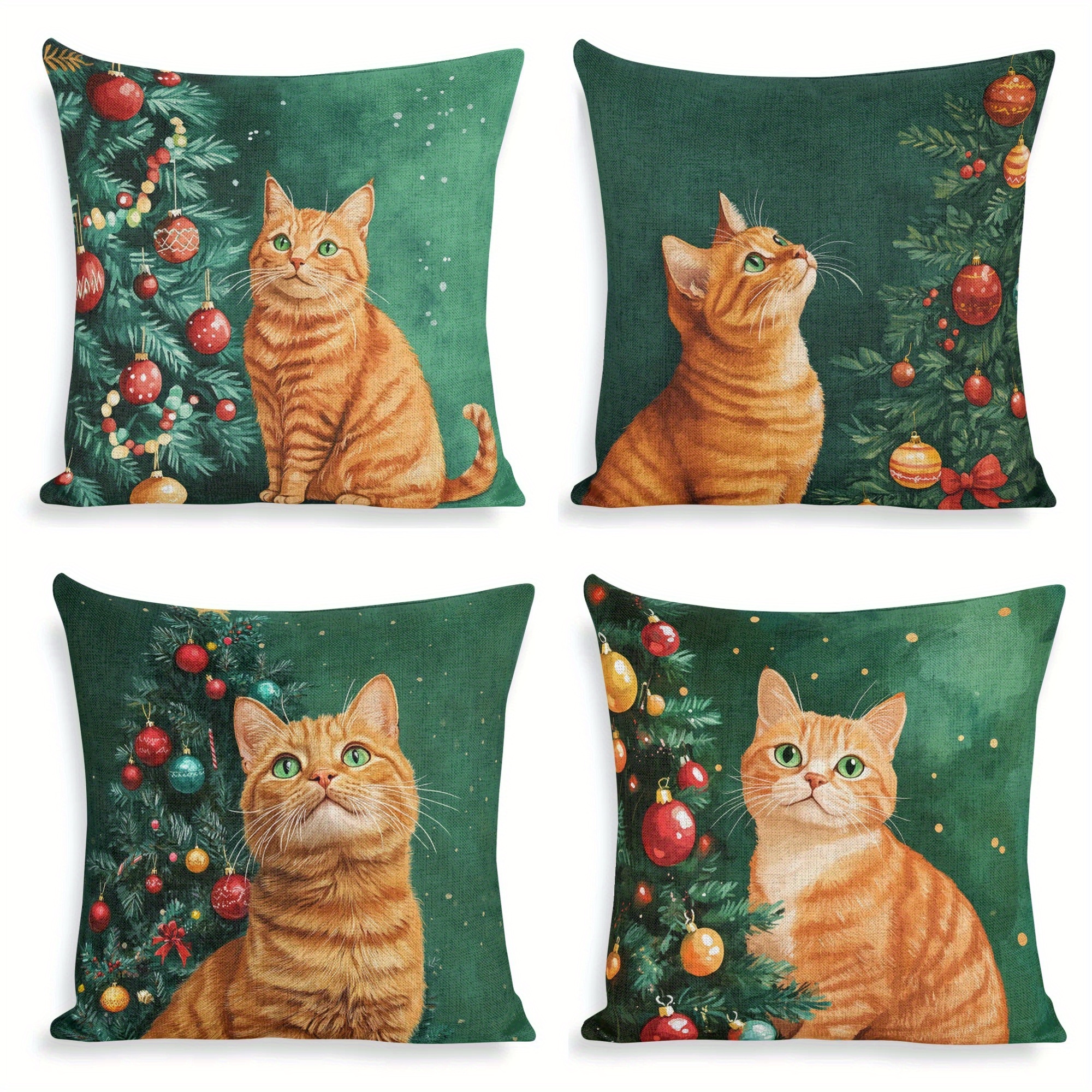 

4-pack Christmas Orange And Tree Decorative Throw Pillow Covers 18x18 Inch, Zipper Closure, Polyester, Contemporary Style For Sofa, Chair, Bed, Living Room, And Various Room Types