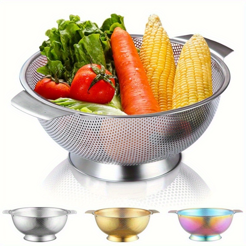 

Metal Colander With Handle, Pasta, Berries, Fruits, Vegetables, Kitchen Food Filter Basket, Stainless Steel Colander Bowl, Pot Colander Cooking, Sieve Strainer, Suitable For The Kitchen, Gold/ Silver/