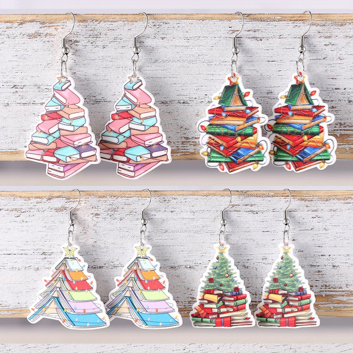 

4 Pairs/set Christmas Star Book Christmas Tree Acrylic Pendant Earrings Set Women' Earrings Set Teacher's Day Christmas Gift Set