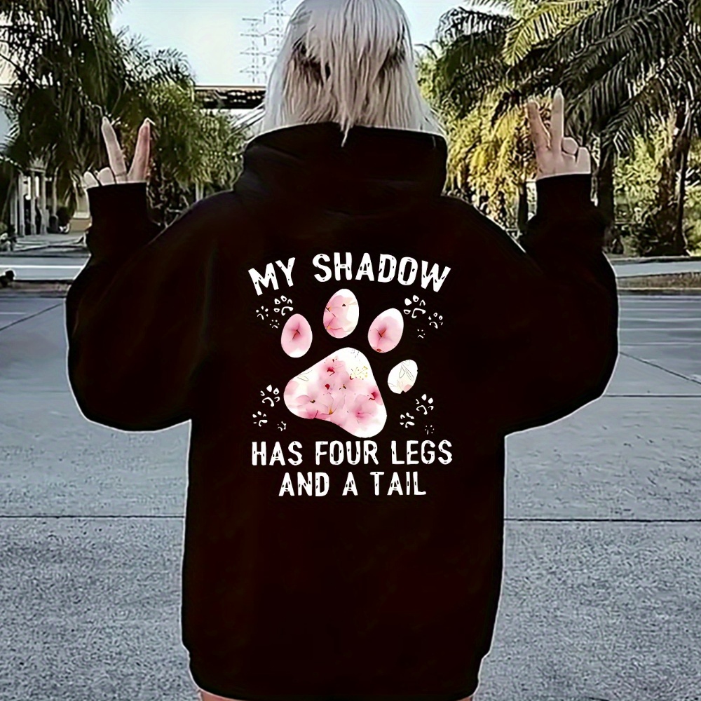 

Women's Casual Zip-up Hoodie With Dog Paw Print & Lettering, Knit Polyester Fabric, Hooded Sweatshirt With Pockets For Fall/winter Season