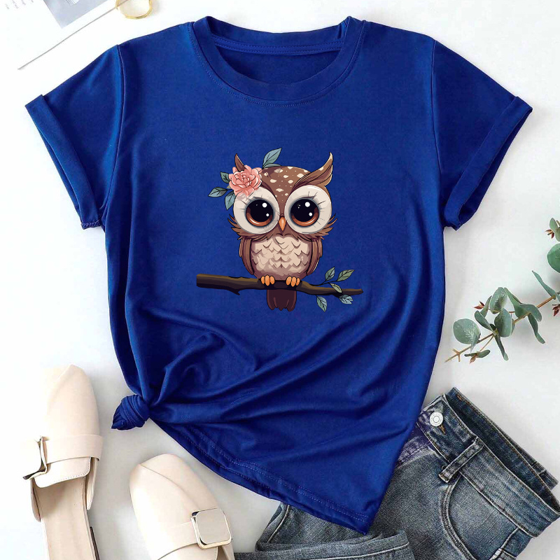 

Women's Casual Owl Print T-shirt With Round Neck, Short Sleeve, Knit Fabric, Polyester, Elastic, Comfort - Variety Of Colors Available