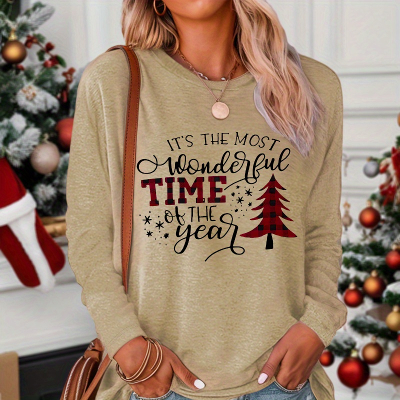 

Women's Festive Christmas Tree & Letter Print Long Sleeve T-shirt - Casual Crew Neck, Stretchy Polyester Blend, Machine Washable - Fall/winter