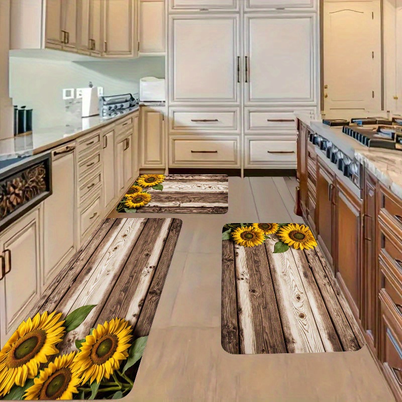 TEMU 3pcs Set Sunflower And Wooden Plank Kitchen Mat, Suitable For Bedroom Living Room Doorway Flannel Mat Christmas