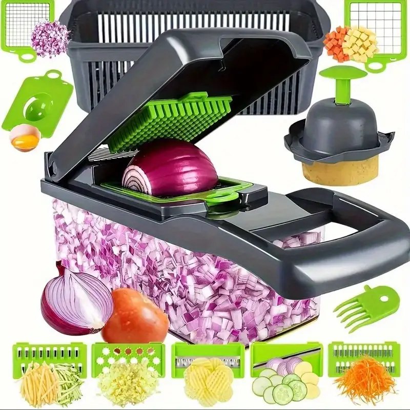 16 in 1 multifunctional vegetable chopper professional onion carrot dicer and slicer with 8 blades storage container kitchen cooking tool gray Product details 1
